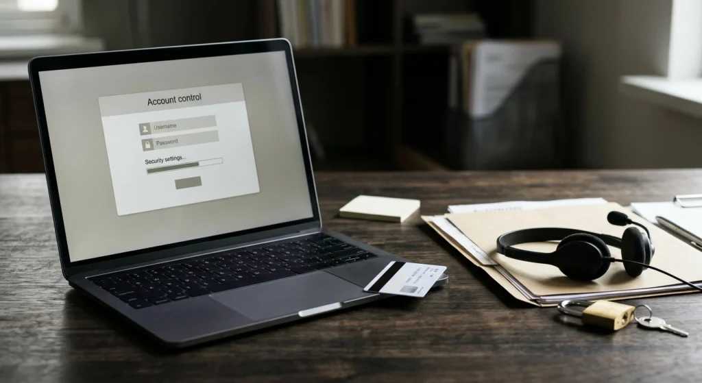 Laptop, identity card, document folder and support headset arranged on a desk