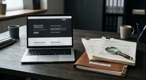 Laptop, legal papers and a magnifying glass arranged on a dark desk