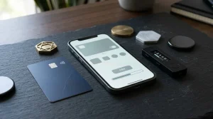 Phone, bank card and abstract crypto tokens arranged beside a digital wallet device