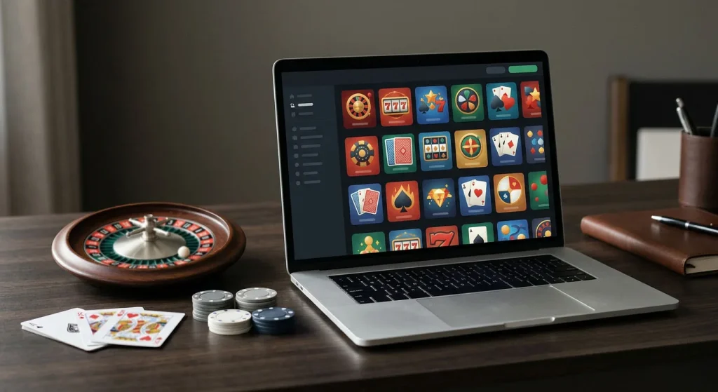 Laptop showing abstract game tiles beside playing cards and a roulette wheel