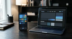 Smartphone and laptop showing neutral browser and app-style launch screens